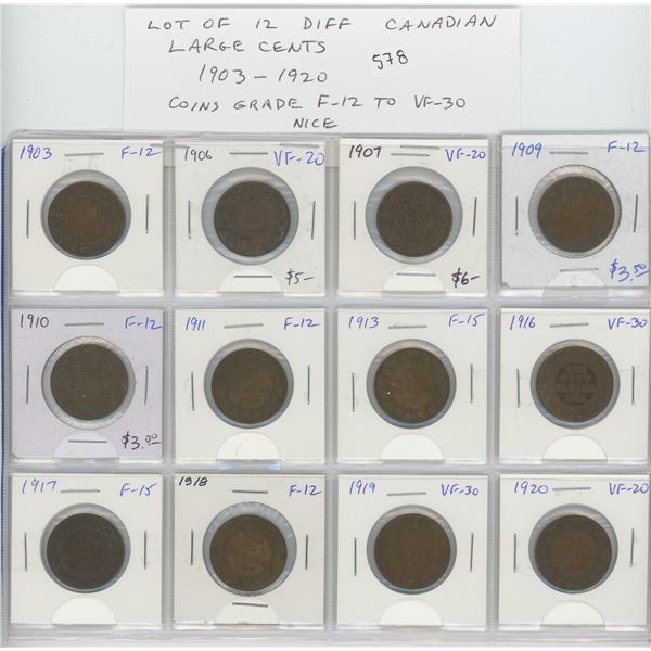 Lot of 12 different Canadian Large Cents 1903 – 1920. Includes 1903, 1906, 1907, 1909, 1910, 1911, 1