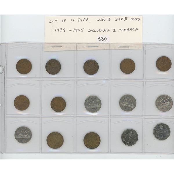 Lot of 15 different Canadian World War II coins 1939 – 1945. Includes all cents and nickels includin