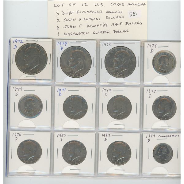 Lot of 12 U.S. coins including 3 Dwight Eisenhower Dollars, 2 Susan B. Anthony Dollars, 6 John F. Ke