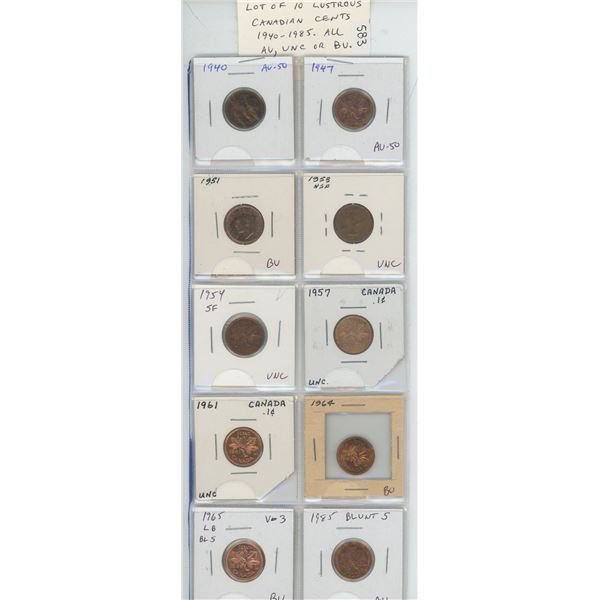 Lot of 10 different Lustrous Canadian Small Cents. Includes 1940, 1947, 1951, 1953 NSF, 1954 SF, 195
