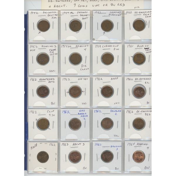Lot of 20 Canadian Small Cent Errors & Varieties. Includes Die Crack, Patches, Curved Clips, Cracked