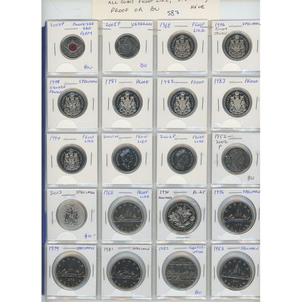 Lot of 20 different Canadian Collector 25 Cents, 50 Cents & Nickel Dollars. 25 Cents include 2004P C