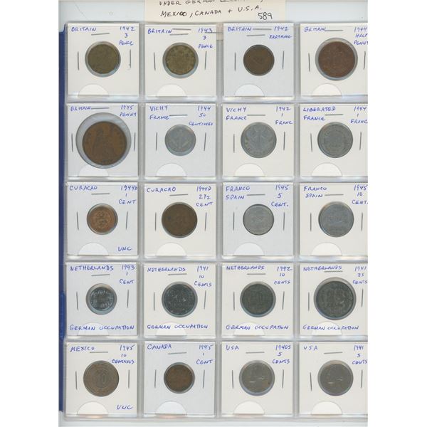 Lot of 20 World War II coins from Britain, Vichy France, Liberated France, Curacao, Franco Spain, Ne