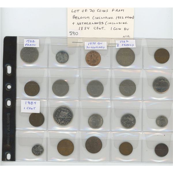 Lot of 20 coins: 10 from Belgium (including 1922 Franc) & 10 from Netherlands (including 1884 cent).