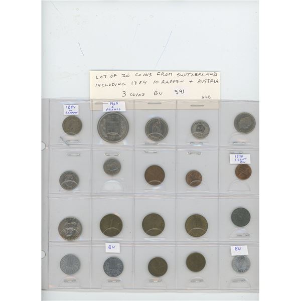 Lot of 20 coins: 10 from Switzerland including 1884 10 rappen & 10 from Austria. 3 coins BU. Nice.