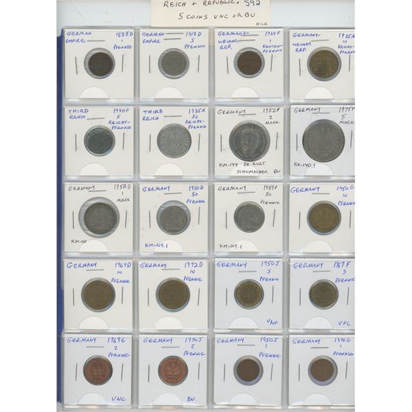 Lot of 20 German coins including German Empire 1888D 1 pfennig & 1913D 5 pfennig, Weimar Republic, T