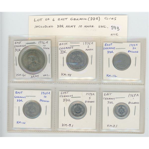 Lot of 6 East German (DDR) coins including uncirculated 1976A 10 mark celebrating the East German mi