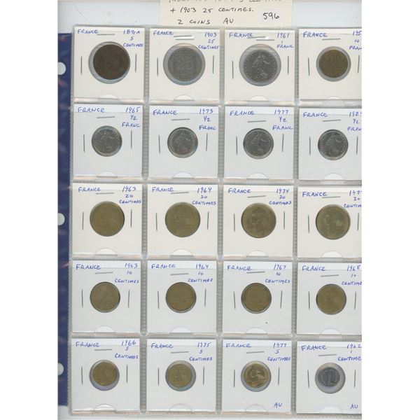 Lot of 20 French coins including 1871A 5 centimes & 1903 25 centimes. 2 coins are AU. Nice.