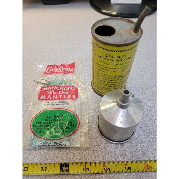 Coleman lot - measuring can, funnel & mantle