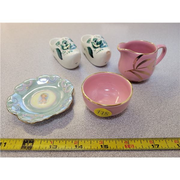 Cute trinket lot - Delft porcelain shoes, Old Foley cream & sugar, Hinode Japan miniplate