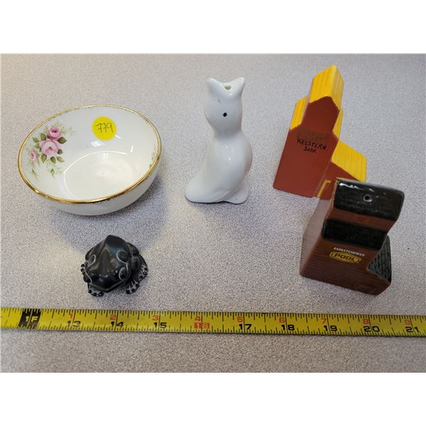 Royal Albert dish, 2 grain elevators & porcelain pie bird, soapstone frog