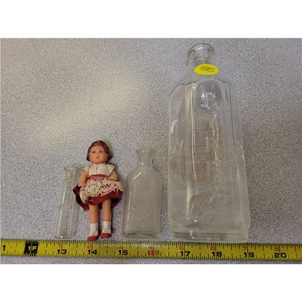 Old rubber doll, Pyrex bottle, reliable doll bottle, Carter's little liver pills bottle