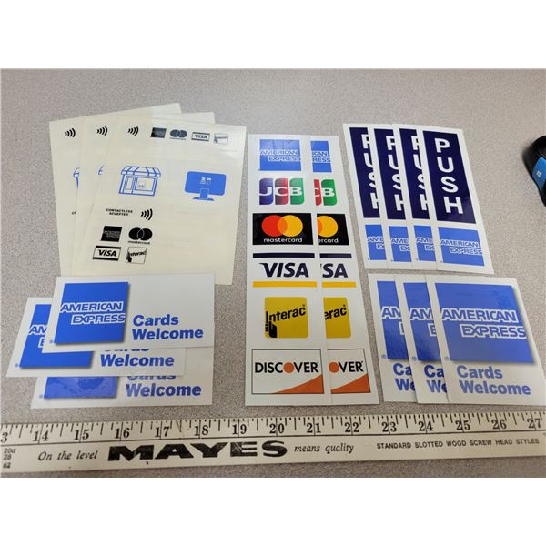 misc. retail store stickers, AMEX, Visa etc.