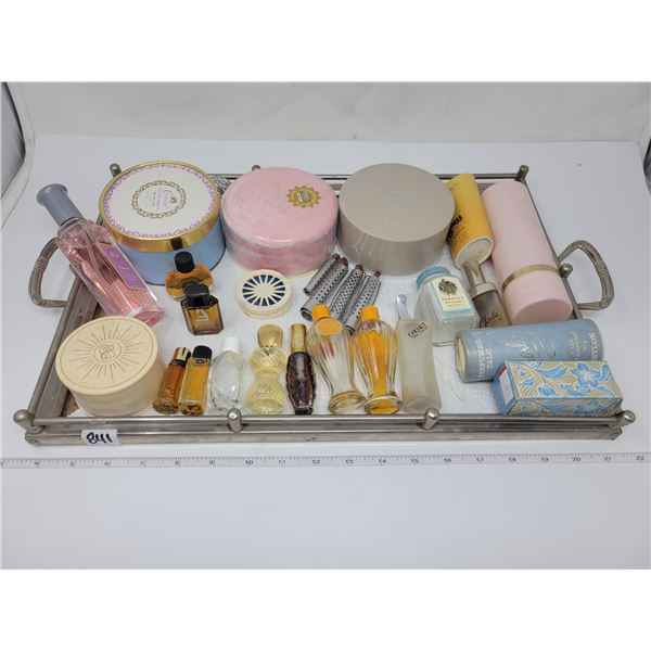 Vintage vanity tray with 22 perfumes & 4 curlers