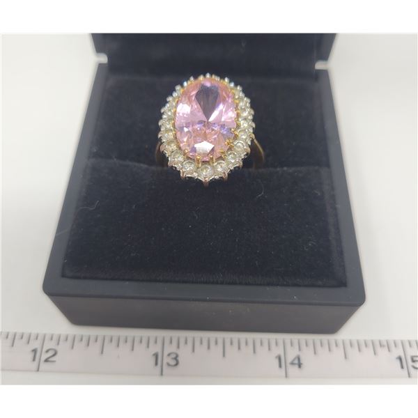 14k gold electro plated pink tourmaline ring approx. 5 karat - surrounded by 20 white Tourmaline - s