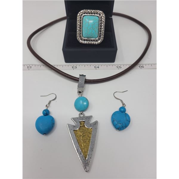 Howlite arrow necklace with leather cord, ring, earrings.