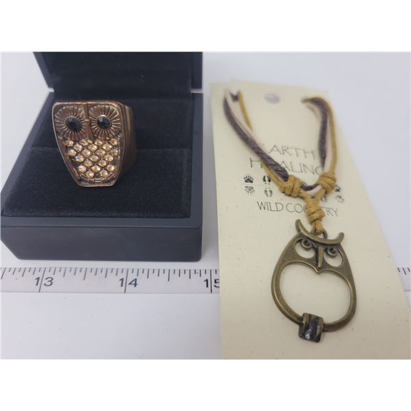 Brass & copper owl necklace, ring - size 6.5