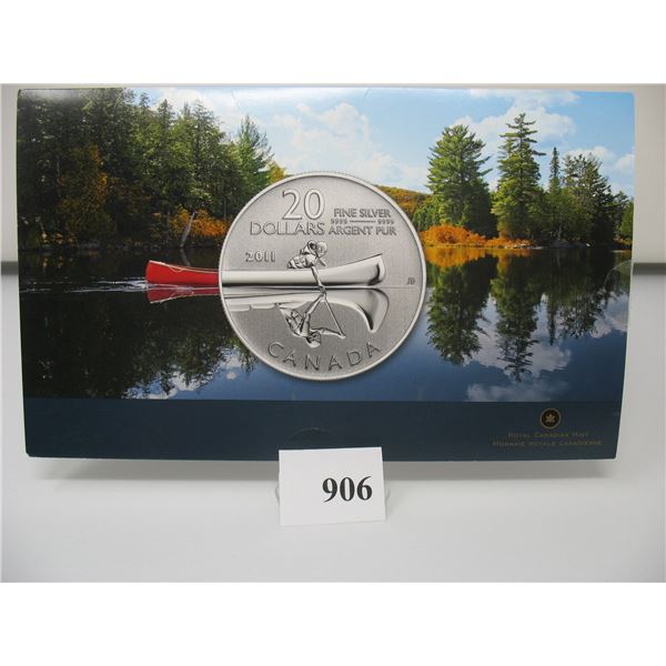 2011 CANADIAN $20 SILVER COIN - .9999 PURE SILVER - CANOE