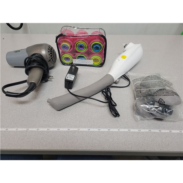 Self care lot with rechargeable massager (with acccessories), hair dryer, hair rollers