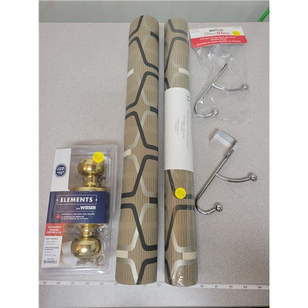 2 rolls of wallpaper? NIB Weiser door lock set & 2 over the door chrome hooks