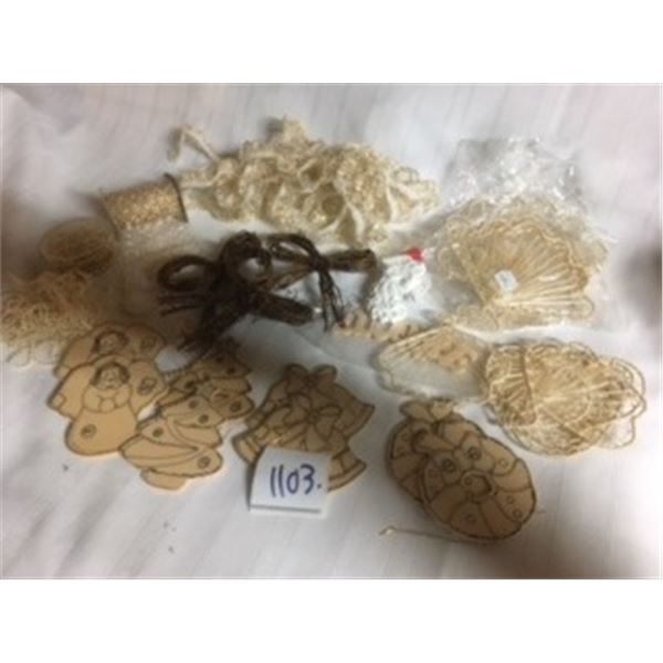 1103-LOT OF CRAFT SUPPLIES CHRISTMAS ANGELS,  VINTAGE ORNAMENTS, BEADS, RIBBONS,  30 COUNT