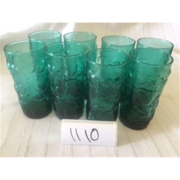1110-GREEN GLASS FLORAL MOTIF SET OF 8 GLASSES