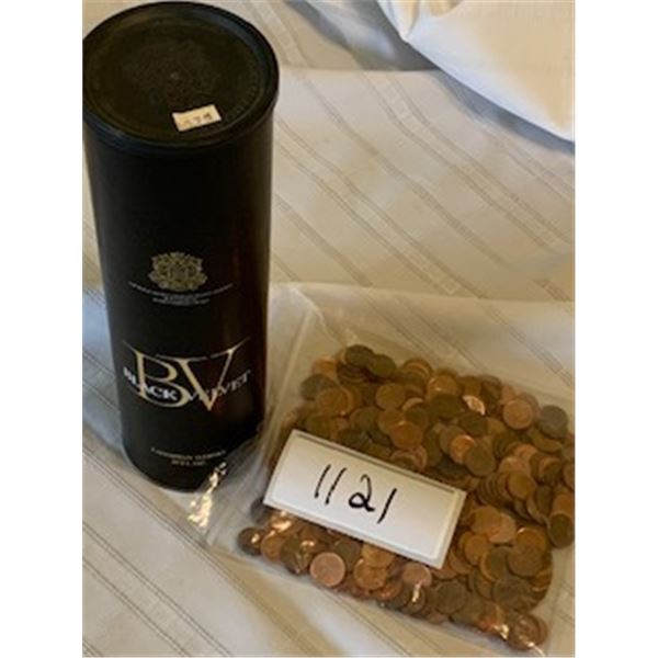 1121-BLACK VELVET WHISKY HOLDER WITH ORIGINAL PRICE TAG. GOOD CONDITION WITH PENNIES