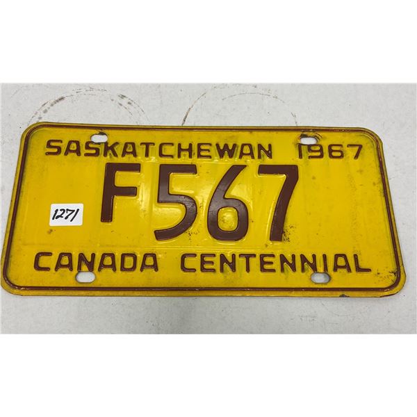 1967 Sask centennial license plate - low digits 567