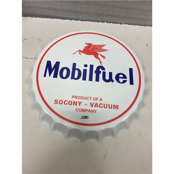Mobil fuel tin sign - repro bottle cap style 16"
