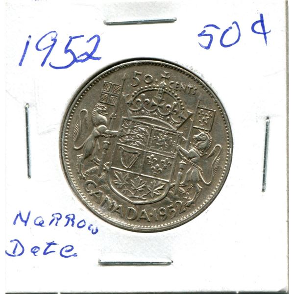 Silver 50 Cent Coin 1952 Narrow Date