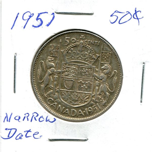Silver 50 Cent Coin 1951 Narrow Date