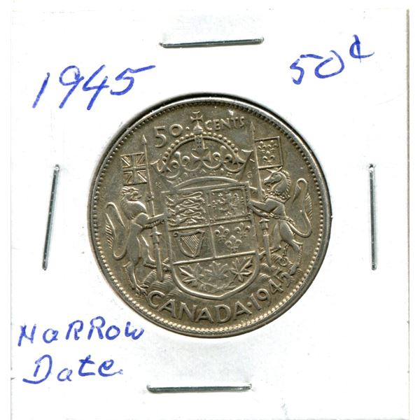 Silver 50 Cent Coin 1945 Narrow Date