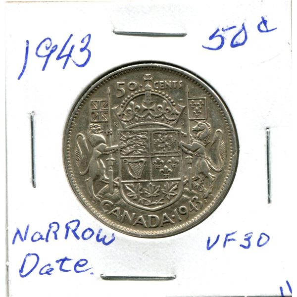 Silver 50 Cent Coin 1943 Narrow Date vf30
