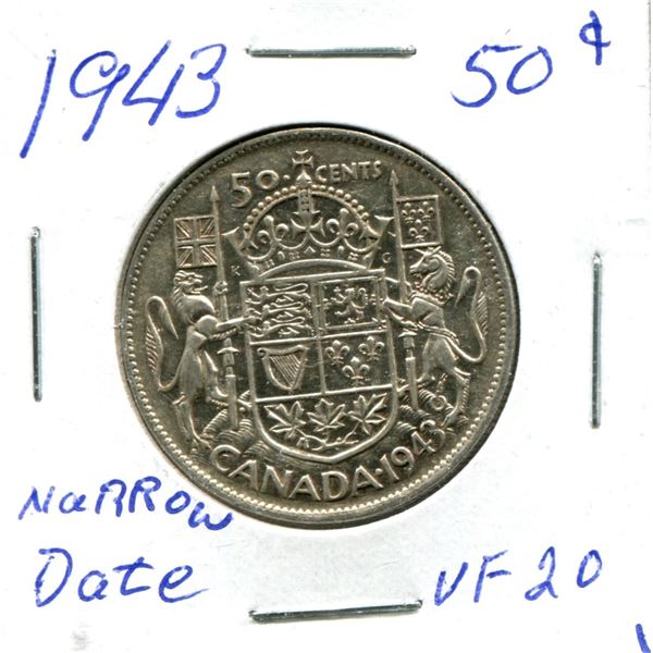 Silver 50 Cent Coin 1943 Narrow Date vf20
