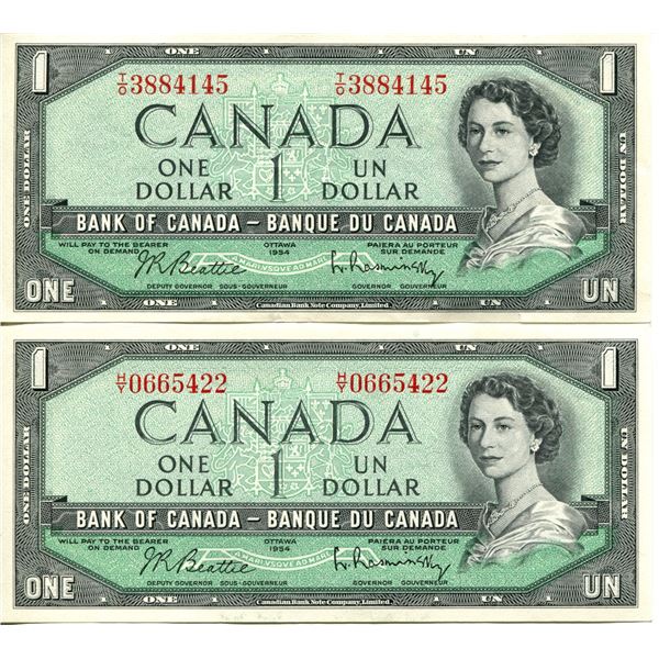 2X 1954 Canadian $1.00 One Dollar bills