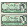 Image 1 : 2X 1954 Canadian $1.00 One Dollar bills