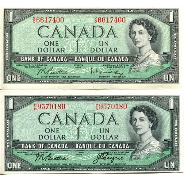 2X 1954 Canadian $1.00 One Dollar bills
