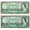 Image 1 : 2X 1954 Canadian $1.00 One Dollar bills