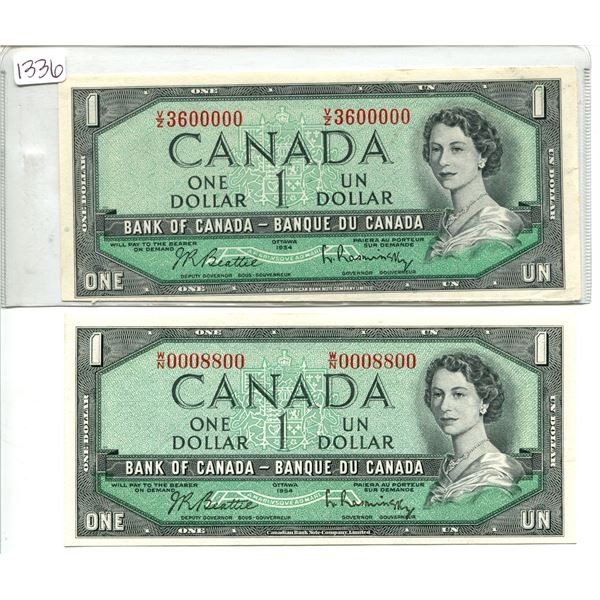 2X 1954 Canadian $1.00 One Dollar bills
