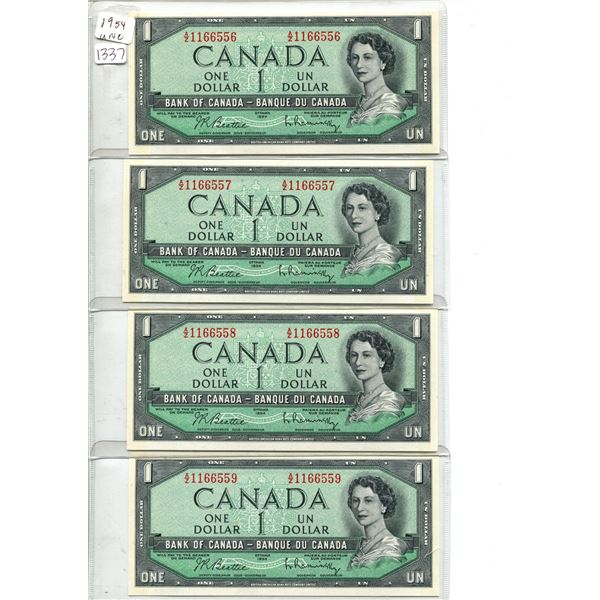 4X 1954 unc Canadian $1.00 One dollar bills