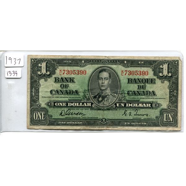 1937 Canadian $1.00 One dollar bill