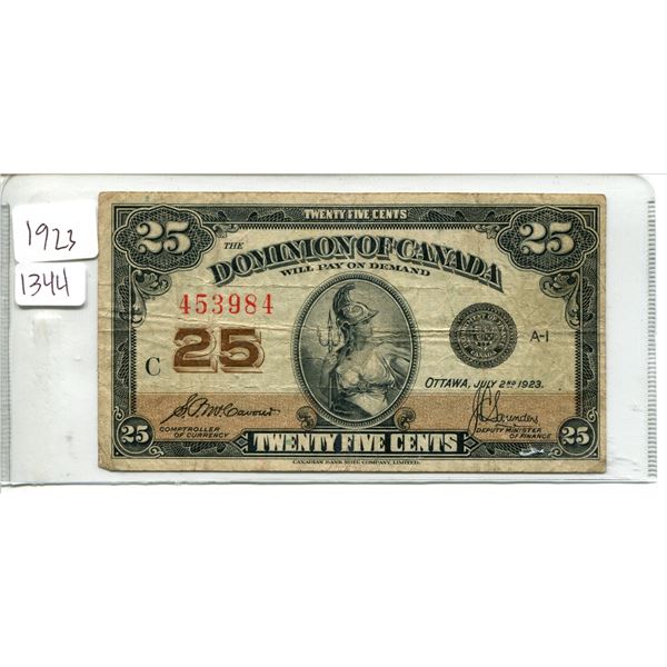 1923 Dominion of Canada 25¢ twenty five cent shinplaster