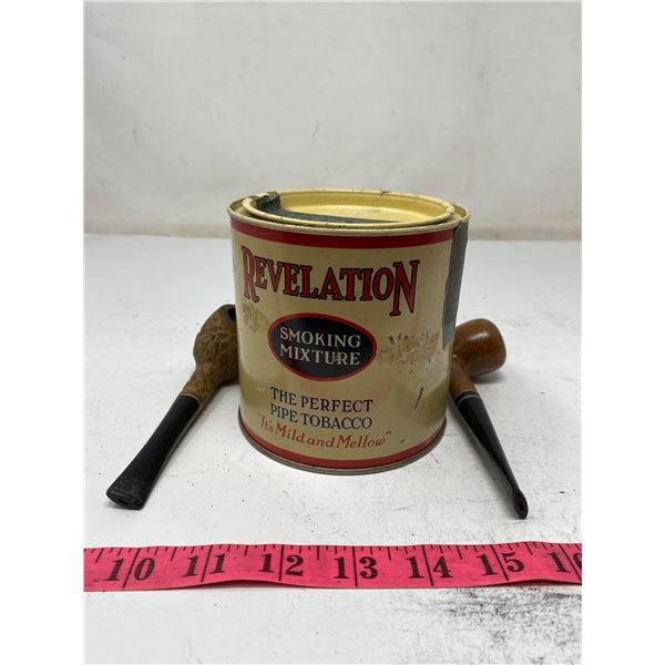revelation pipe tobacco tin w/ 2 pipes