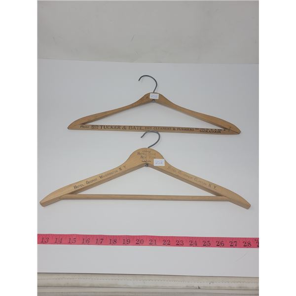 2 old advertising hangers, wooden. Tucker & Bate dry cleaners/furriers Saskatoon, SK & Hotel adverti