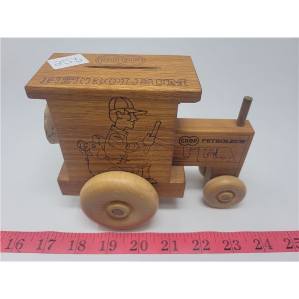 Wooden CO-OP toy tractor coin bank, Toystalgia 1979