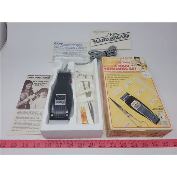 Vintage raycine 9 piece home hair trimming set with original box etc