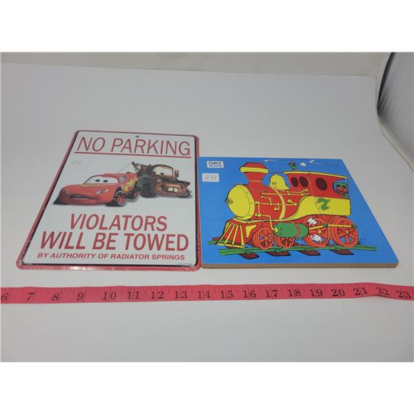 kids lot wooden train puzzle & new Disney's Pixar Car's metal sign