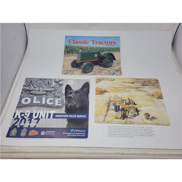 1980 Massey-Ferguson calendar, 2017 Saskatoon Police K9 calendar, 2020 Classic Tractors calendar