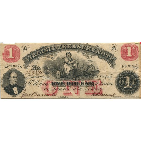 U.S. confederate Richmond Virginia treasory $1.00 note 1862 V.F. cond.