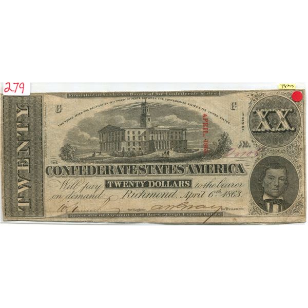 U.S. confederate Richmond APR 1863 $20.00 note V.F cond.
